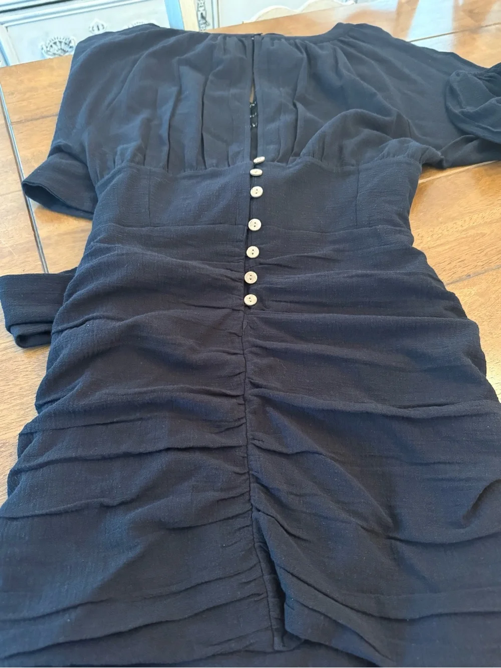 Free People Black Ruched Button-Front “Keep You” Mini Dress Long Sleeve bohochic